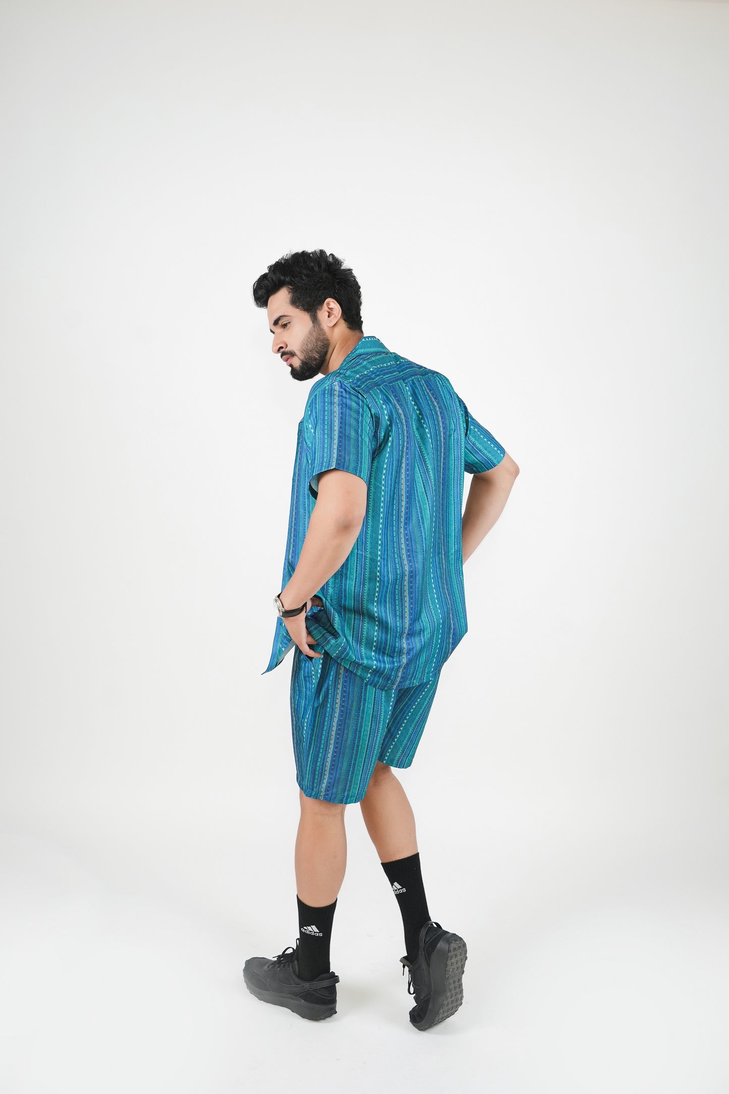 Green Printed Striped Men Co-ords