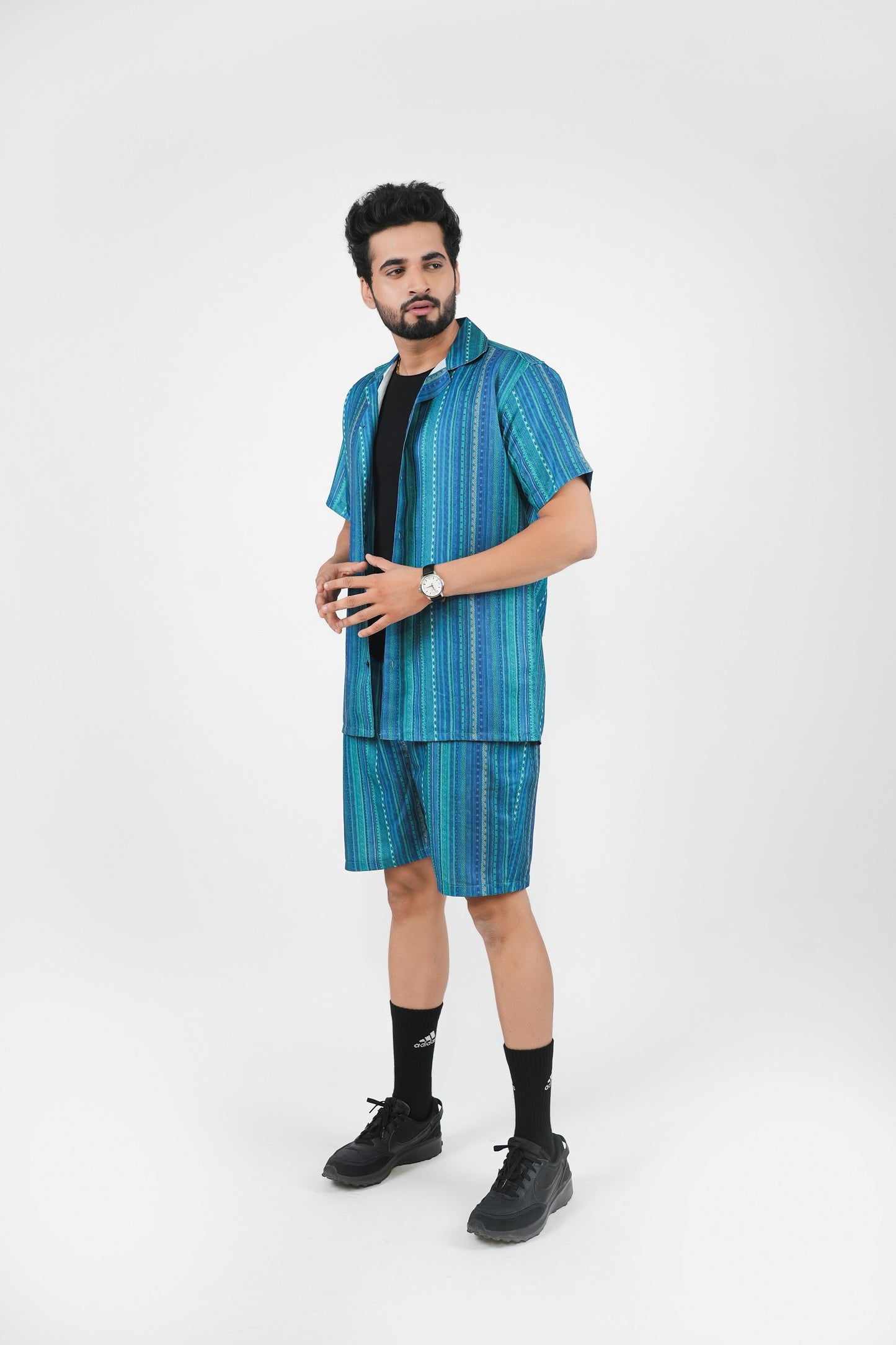 Green Printed Striped Men Co-ords