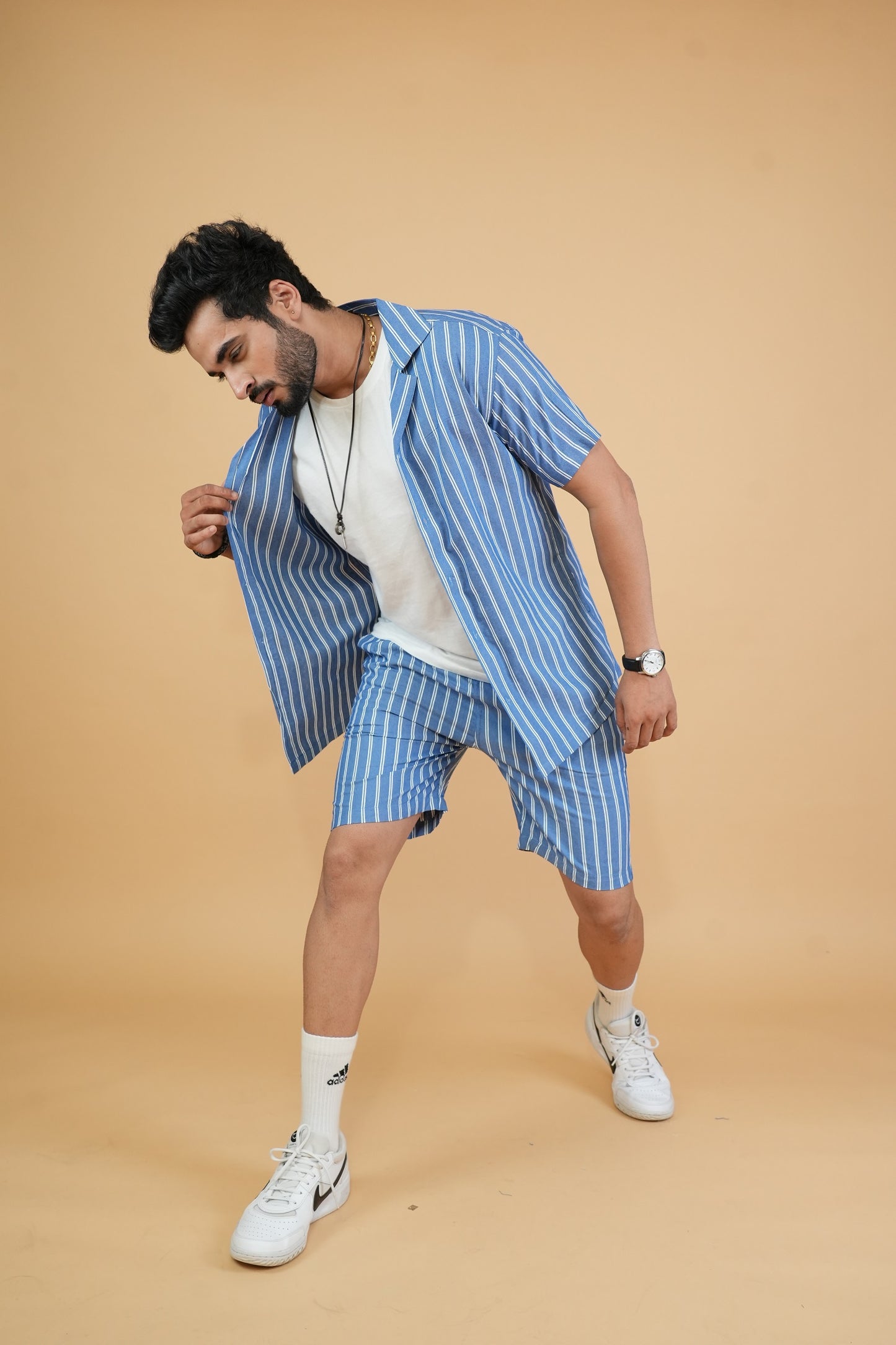 Blue And White Striped Men Co-ords
