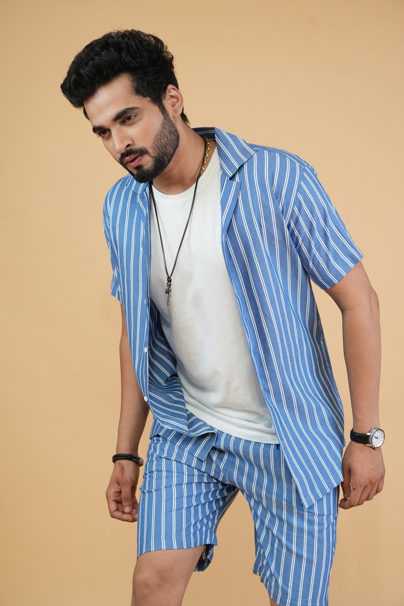 Blue And White Striped Men Co-ords